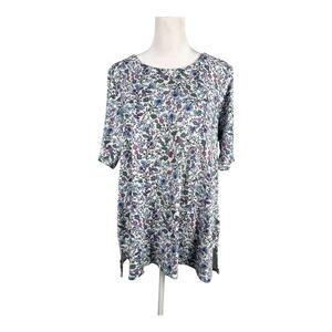 J Jill M Pima-Slub Scoop-Neck Side-Slit Tee Short Sleeve Tunic Blue Pink Floral